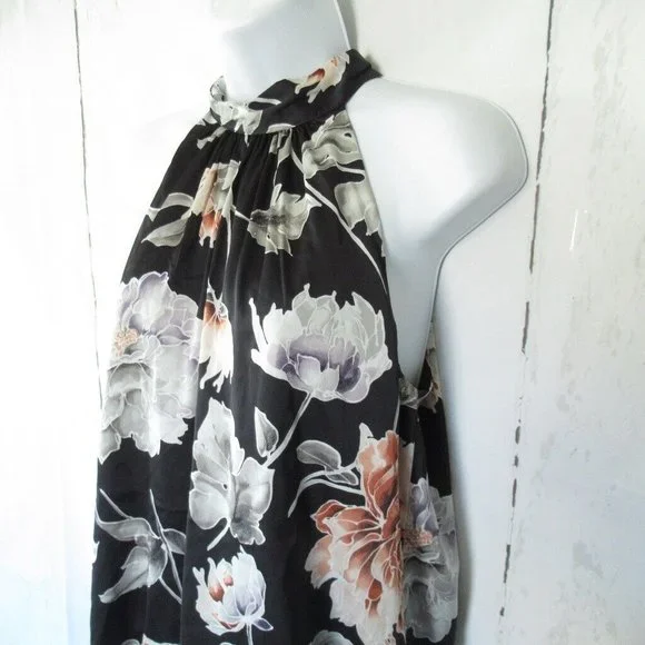 White House Black Market Top S Black Floral Sleeveless High Neck Halter - Picture 4 of 6